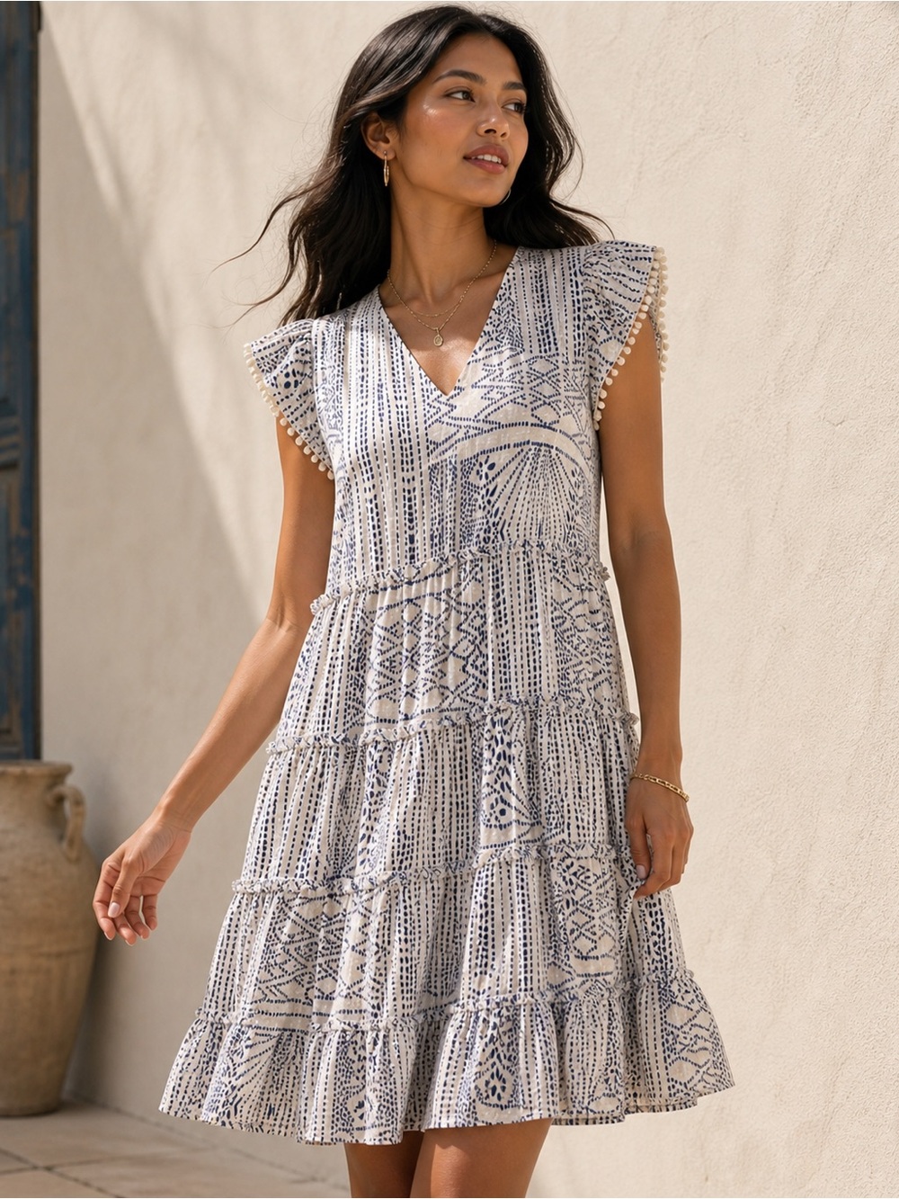 THML Blue White Printed Tiered Dress Boho Flutter Sleeve Mini L